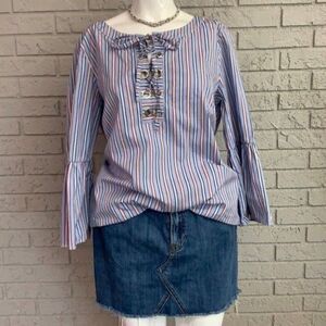 Tommy Hilfiger Women Bell Sleeve Lace-Up Striped Blouse Size L
